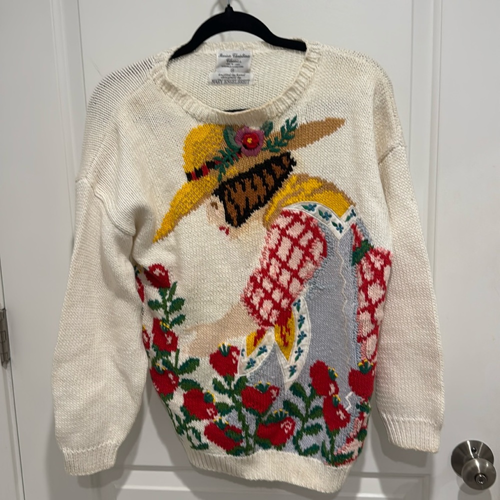 Hand knit vintage sweater embroidered gardener and harvest medium
